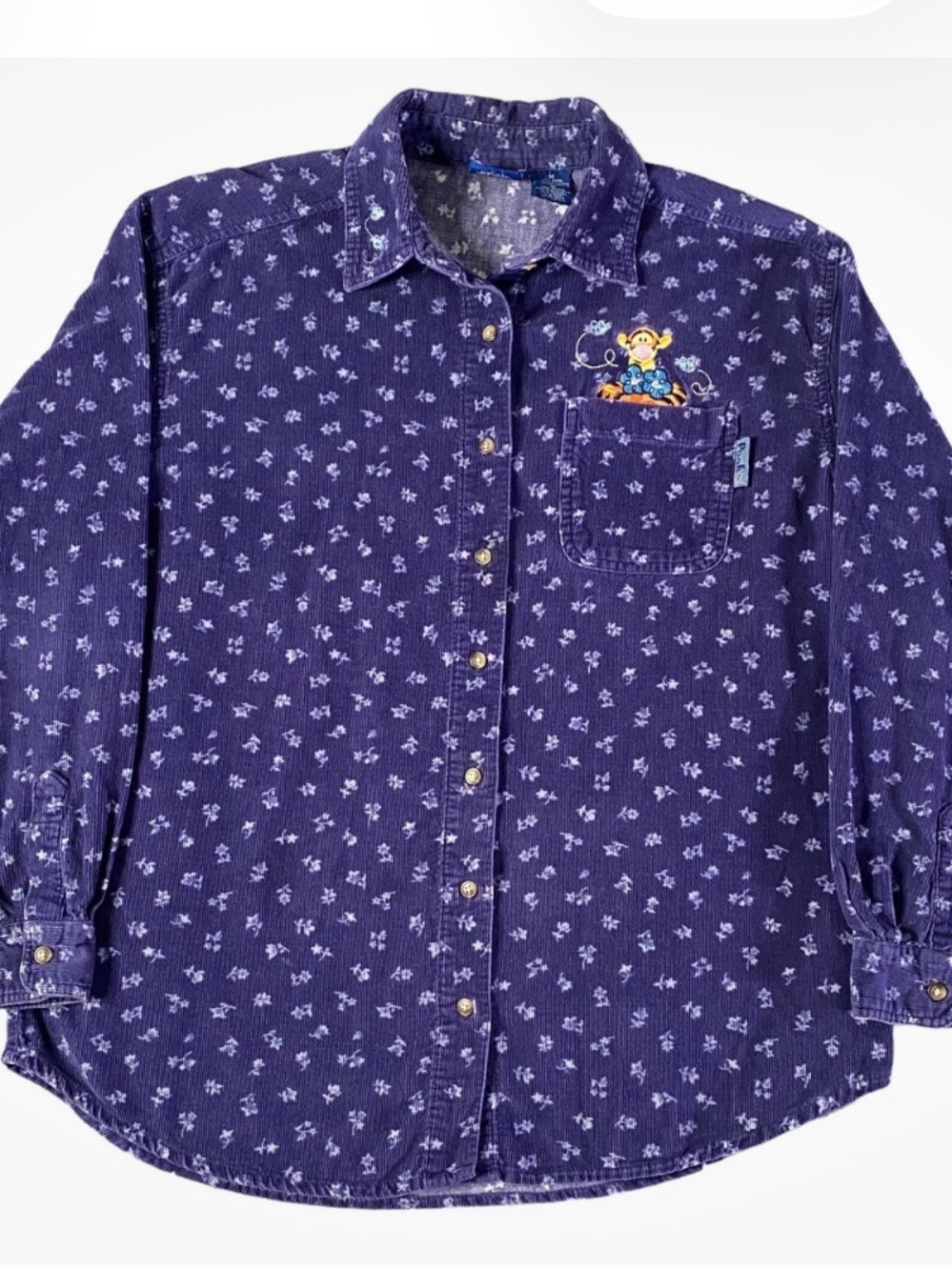 Disney Winnie the Pooh Tigger Corduroy Floral Embroidered Shirt XL Vintage 90s